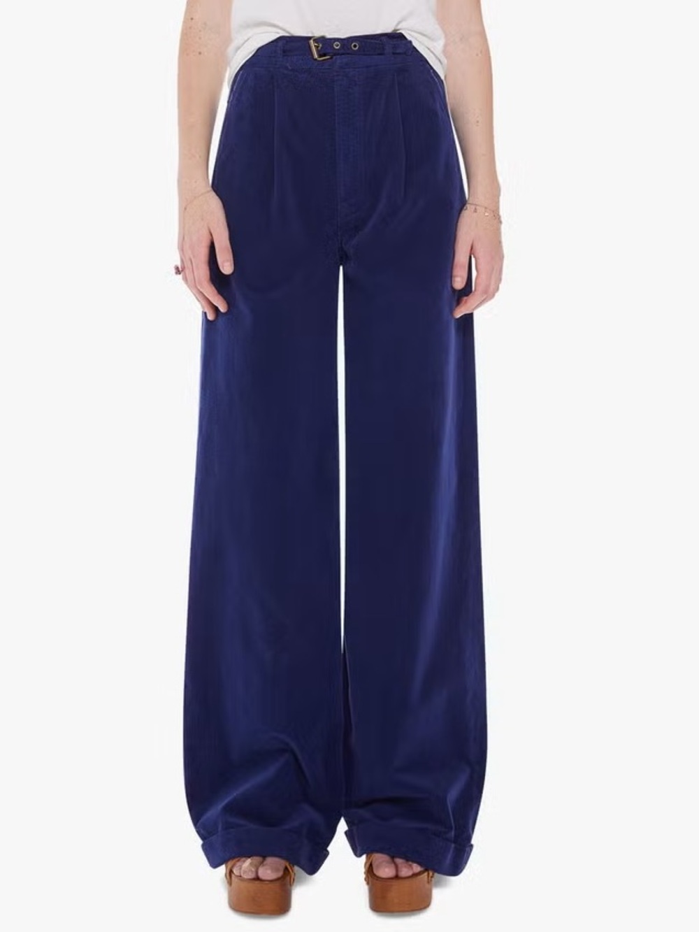 MOTHER The Big League Prep Cuffed Corduroy Wide-Leg High-Rise Pants - Navy Blue